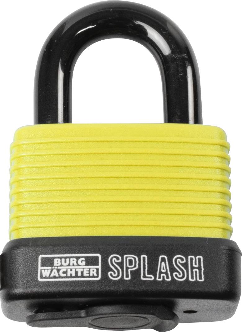 Ett gult och svart hänglås av märket Burg Wächter, modell 'Splash'.
