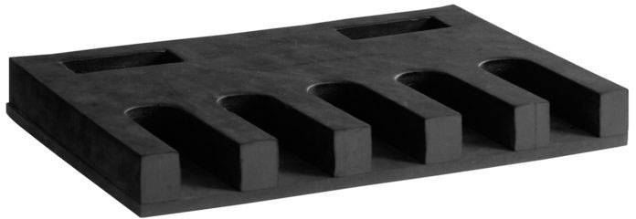 Svart, rektangulärt gummiprodukt med fyra vertikala urtag för stabiliserings- eller skyddsändamål.