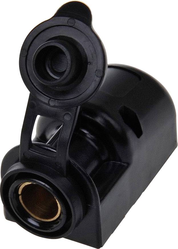 Svart, cylindriskt bildelmoment med ett vikbart lock, sannolikt ett lock för en tank eller behållare.