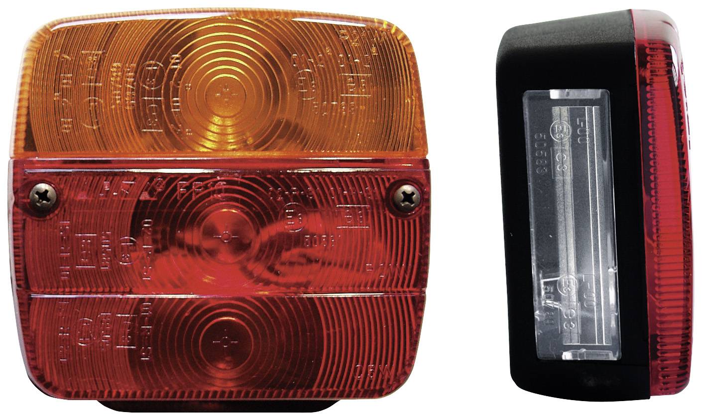 Bakljus på ett fordon, bestående av en övre orangefärgad blinkers och en nedre röd bromslampa. Sidvy visar hölje tjocklek.