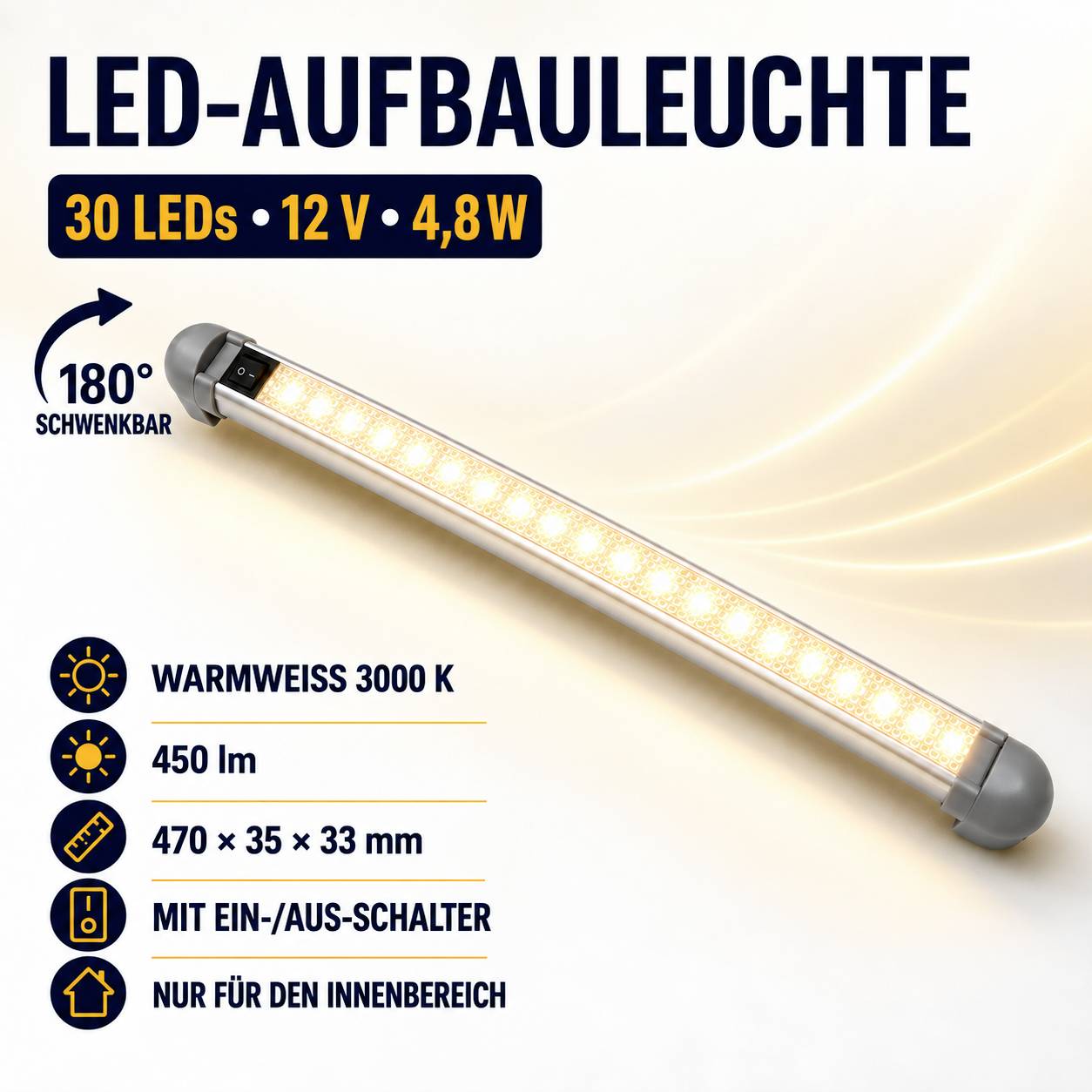 IWH LED-innerbelysning 19302 LED 12 V (L x B x H) 470 x 33 x 35 mm Svängbar