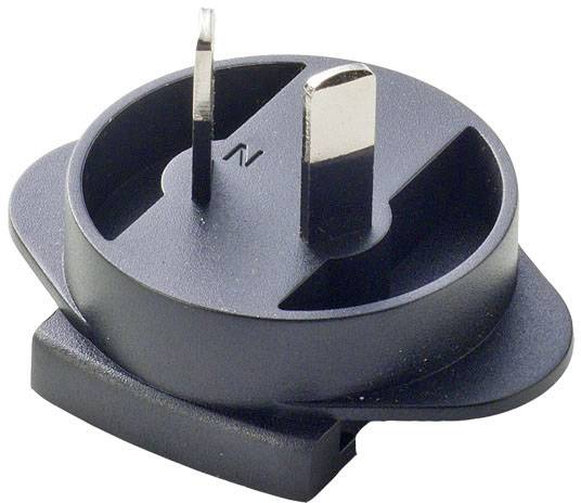 En svart adapterkontakt för Australien, med tre stift: två smala, parallella stift och ett bredare stift nedanför.