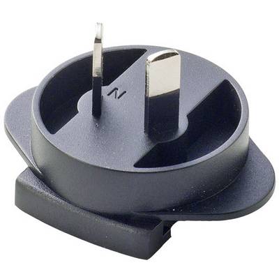 En svart adapterkontakt för Australien, med tre stift: två smala, parallella stift och ett bredare stift nedanför.