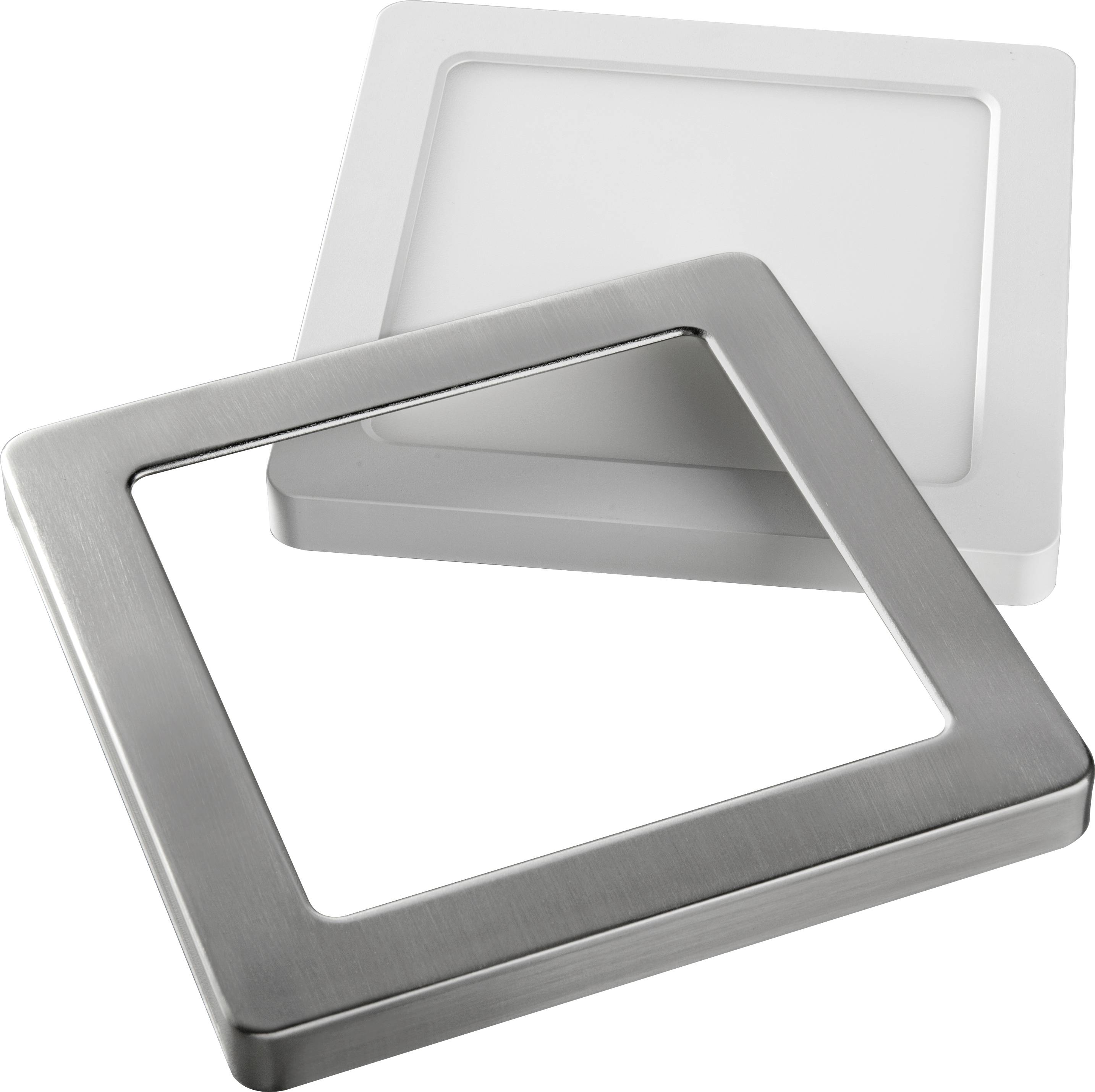 En fyrkantig metallram ligger något snett på en platt, vit LED-panel.