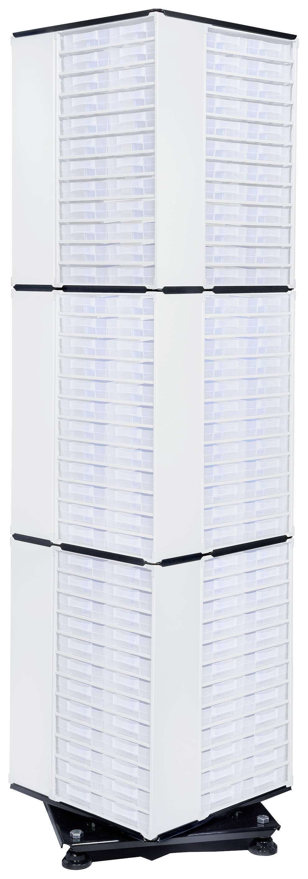 En hög, fristående förvaringstorn med flera transparenta lådor på en stabil, roterbar bas.