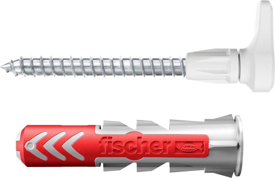 En bild visar en röd och silverfärgad plugg med tillhörande skruv. Produktnamnet 'fischer' är ingraverat på pluggen.