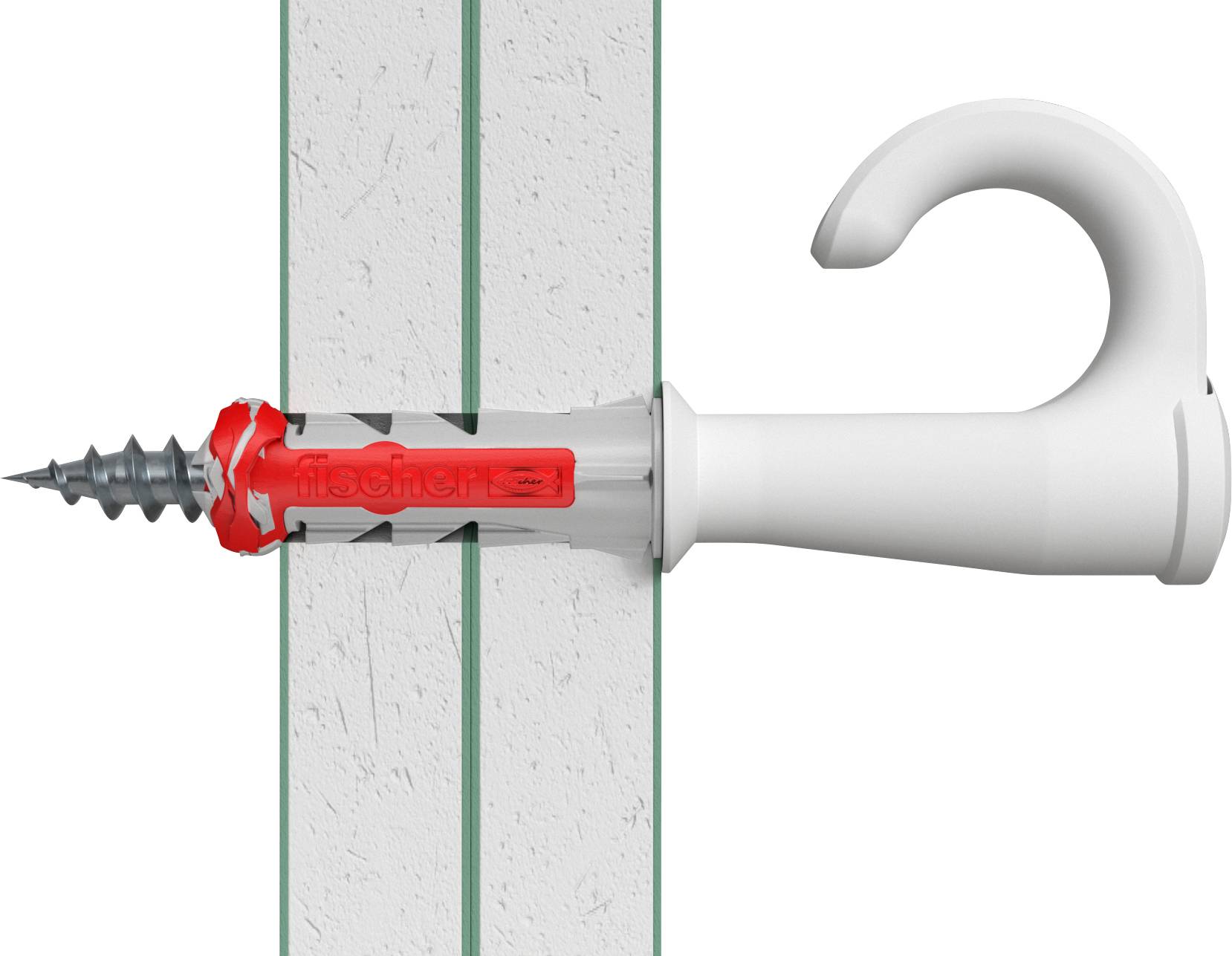 En vit krok med plugg skruvas in i en grön, vertikal vägg. Pluggen är transparent med ett rött element för stabilisering.