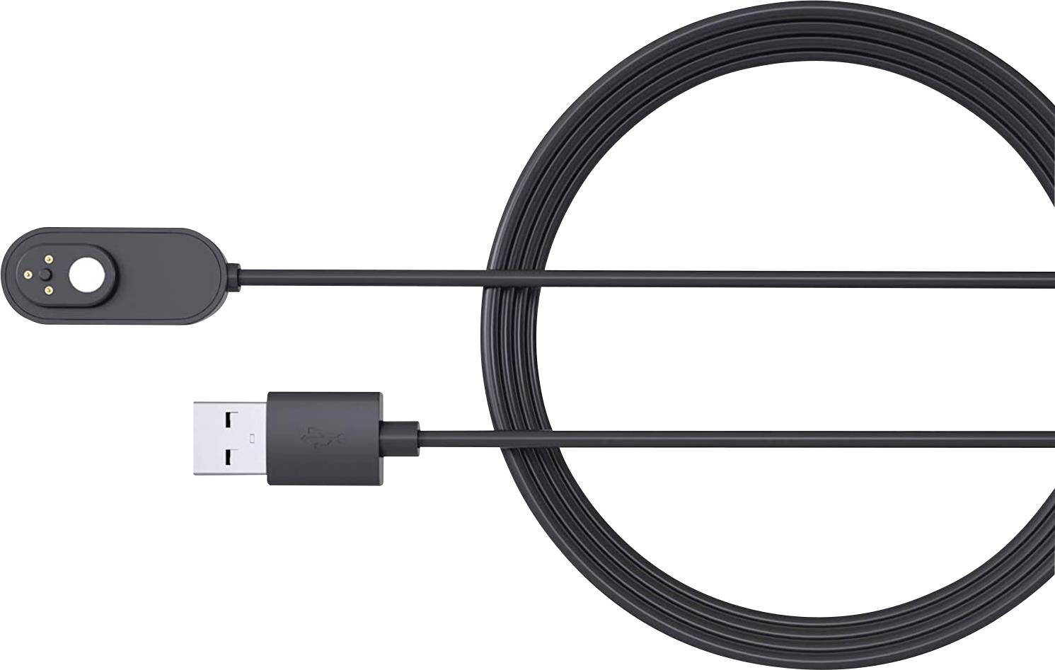 Svart USB-laddkabel med magnetisk kontakt, lämplig för laddning av små enheter eller smartwatches.