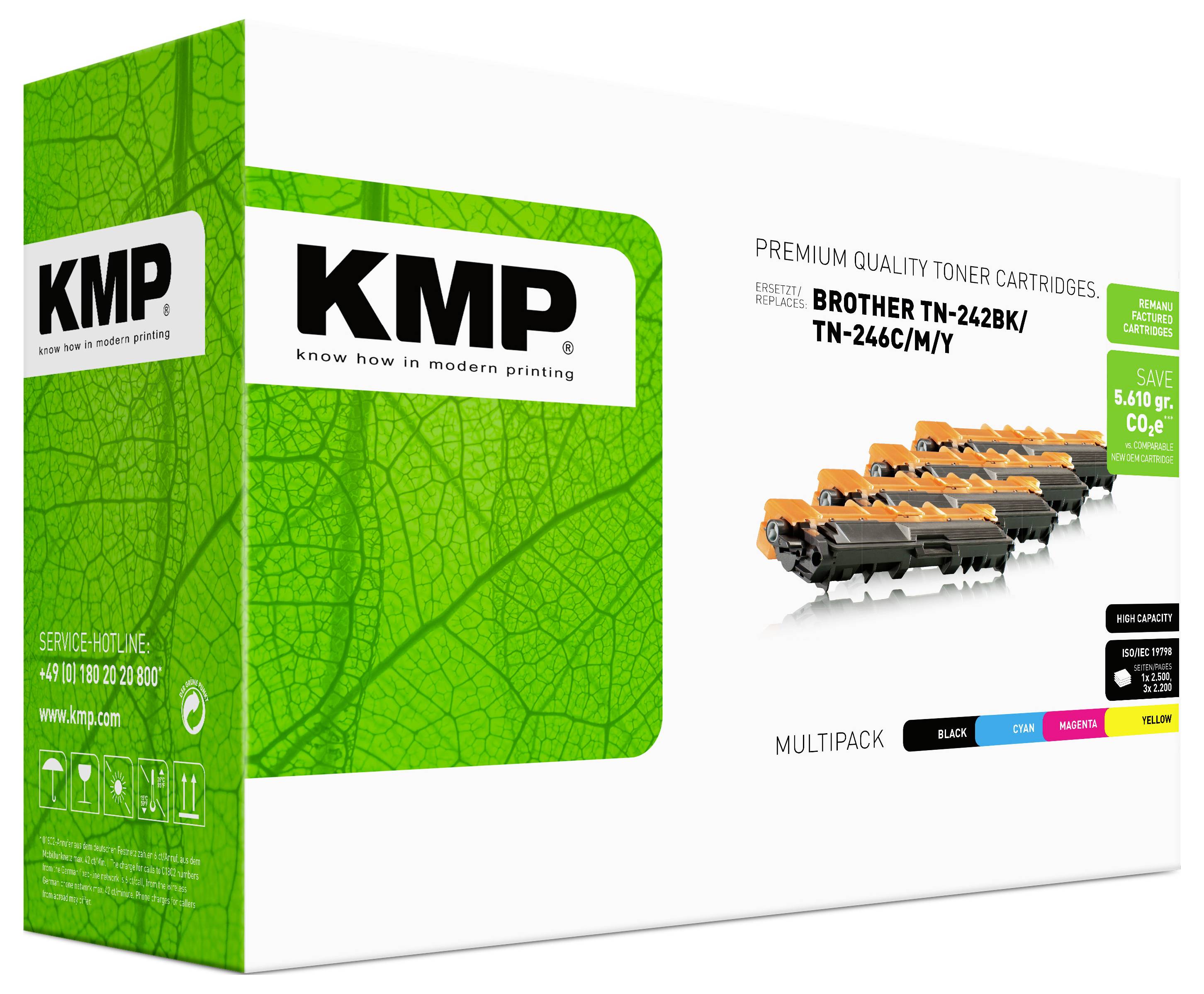 KMP multipack tonerkassetter för Brother TN-242BK/TN-246C/M/Y, med svarta, cyan, magenta och gula kassetter visade.