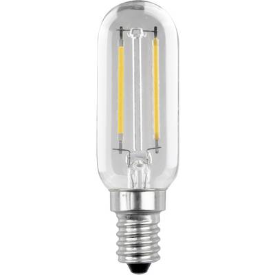 LED-glödlampa i cylindrisk form, transparent, med synliga filament och E14-sockel. Lämplig för dekorativ belysning.