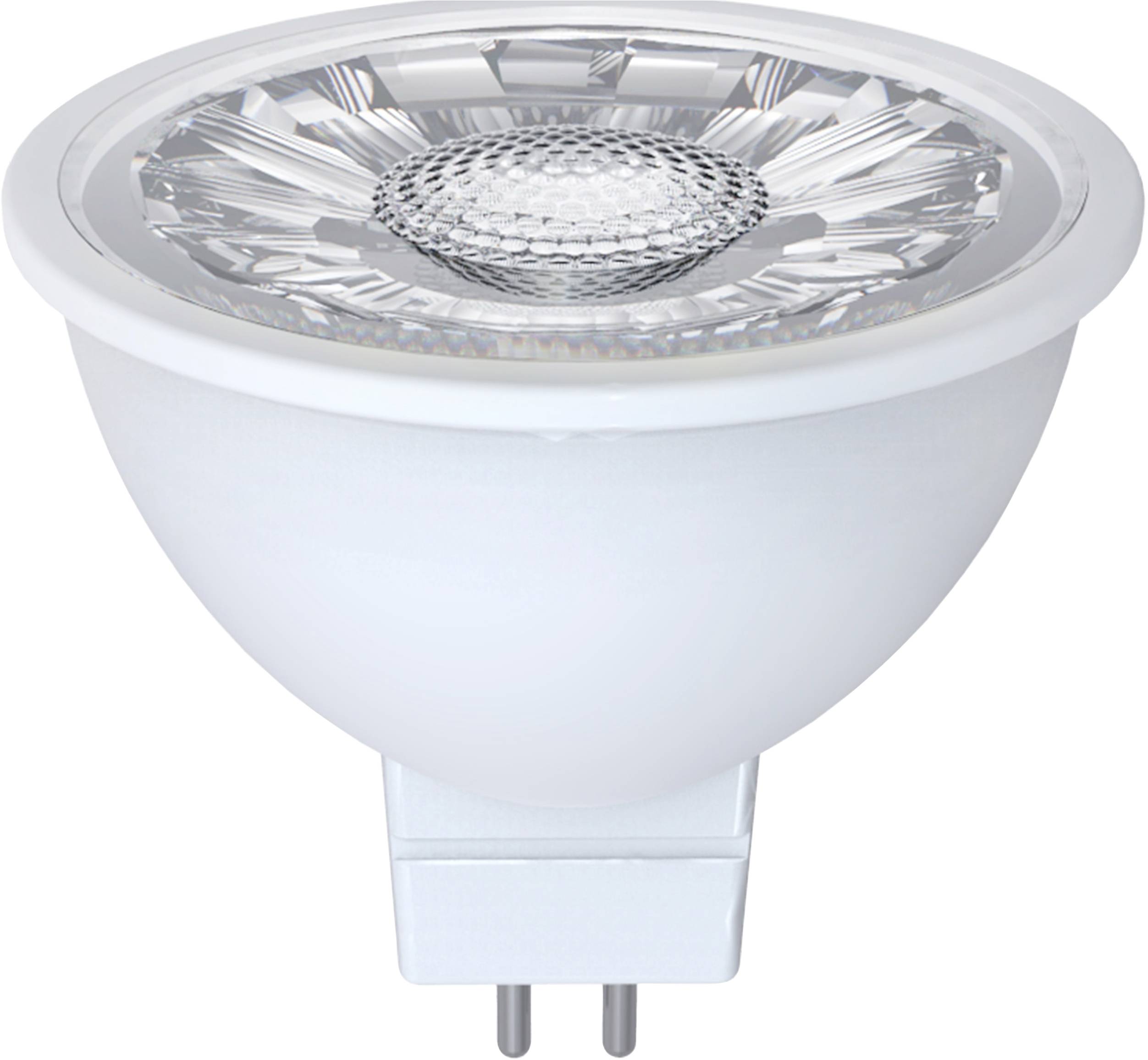 En LED-glödlampa med GU5.3-sockel. Den har en rund form och reflekterande insatser runt ljuskällan inuti.