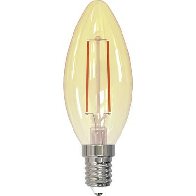 En glödlampa med synlig glödtråd, ljusformaterad, E14-sockel; lämplig för dekorativ belysning.