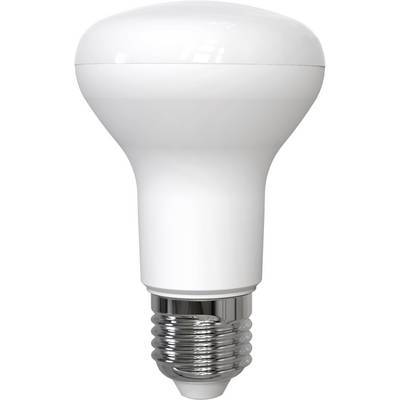 En vit LED-glödlampa med silverfärgad sockel, stående med sockeln nedåt på vit bakgrund.