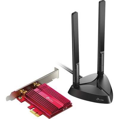 Ett rött TP-Link WLAN-kort med kylare och två avtagbara svarta antenner på ett stativ, lämpligt för stationära datorer.