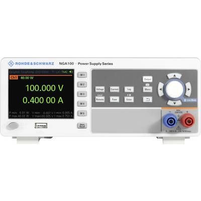 Rohde & Schwarz NGA100 strömförsörjningsenhet med färgdisplay visar 100,00 V och 0,400 A. Olika manöverknappar och anslutningar synliga.