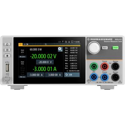 Ett mätinstrument med digitalt display visar '60.000 W', '-20.000 V', '-3.000 A'. Det har reglage och färgglada anslutningar till höger.