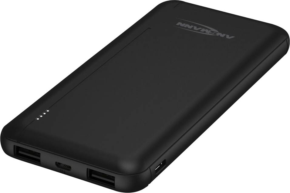 Svart powerbank med två USB-portar och en USB-C-port; lämplig för mobil strömförsörjning av enheter när du är på resande fot.
