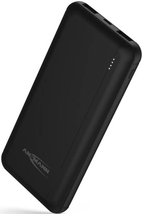 En svart powerbank från märket 'Ansmann' med fyra laddningsindikatorpunkter på sidan.