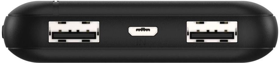 En svart enhet med tre anslutningar: två USB-A-anslutningar på vänster och höger sida och en Mini-USB-anslutning i mitten.