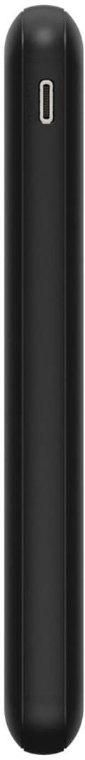 En svart bärbar powerbank med USB-port, sedd från sidan, på vit bakgrund.