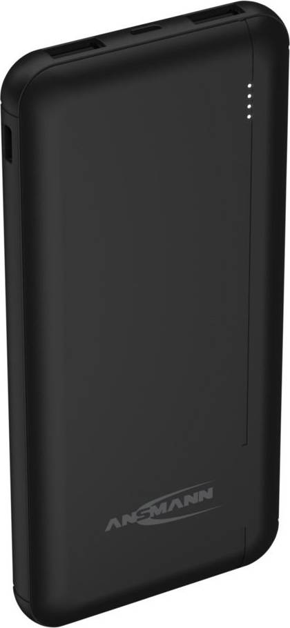 En svart powerbank med fyra LED-indikatorer för laddningsstatus. Märkt med 'ANSMANN'. Kompakt, rektangulär form.