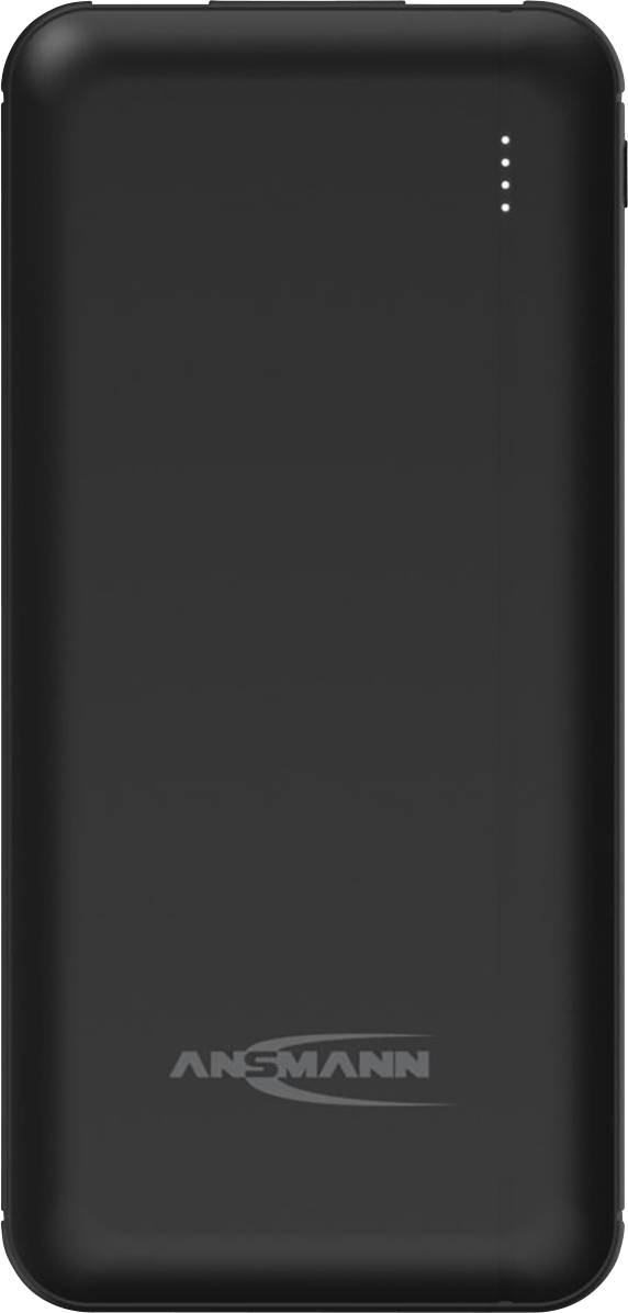 Svart powerbank med 'ANSMANN'-logotyp längst ned och tre lysande LED-indikatorer som signalerar laddningsnivån.