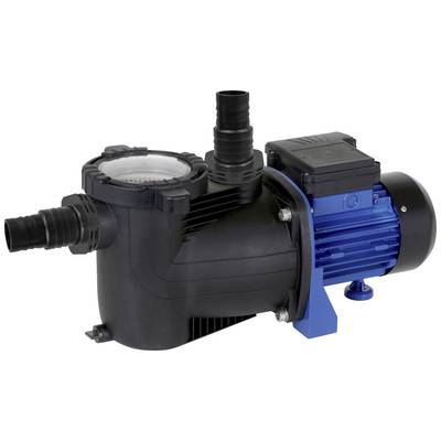 Svart och blå vattenpump med flera anslutningar och synlig motor, lämplig för simbassänger eller bevattningssystem.