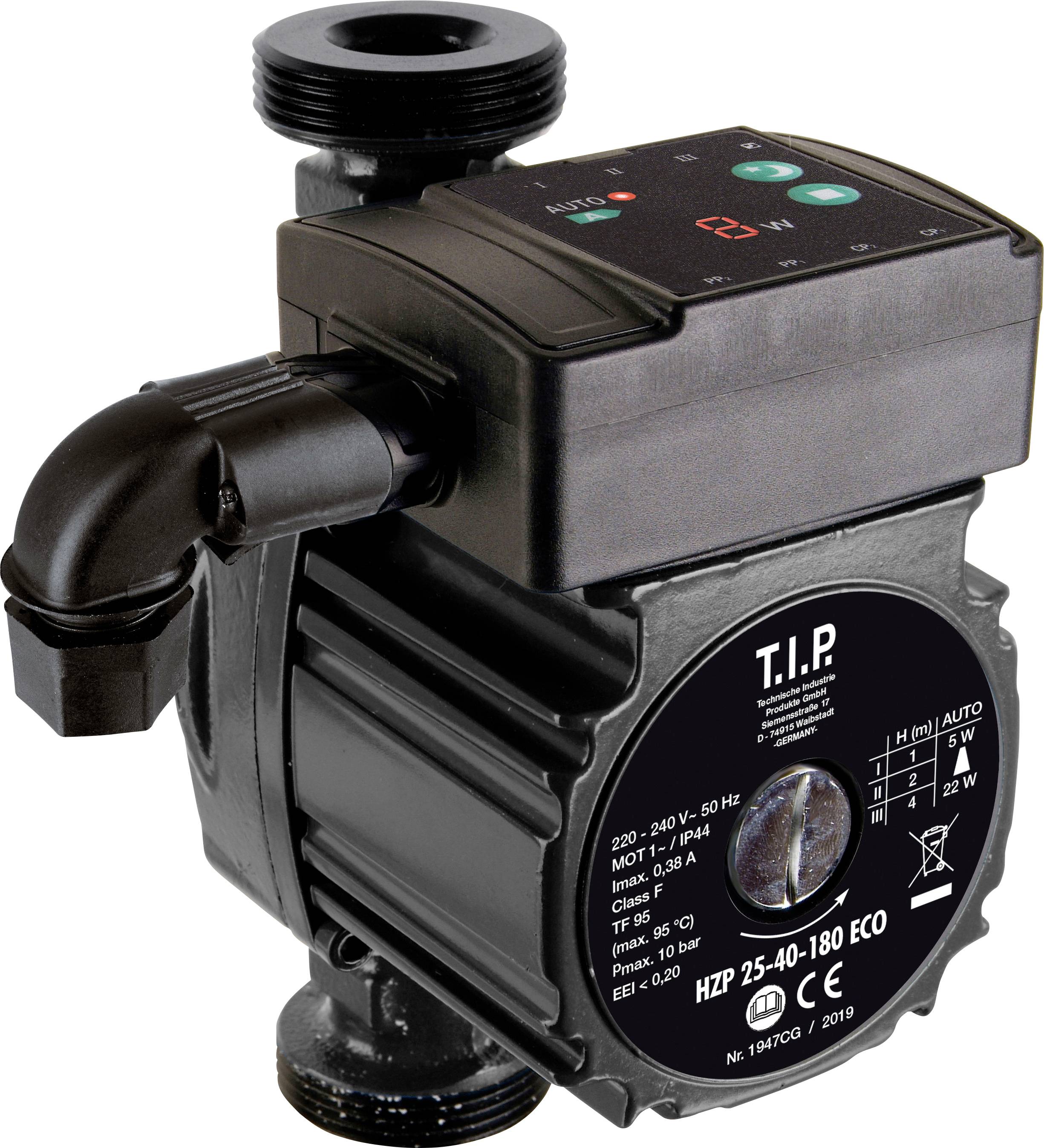 Svart vattenpump med digitalt display och anslutningar, märke T.I.P. Modell: HZP 25-40-180 ECO. Effektivitetsklass EEI ≤ 0,40.