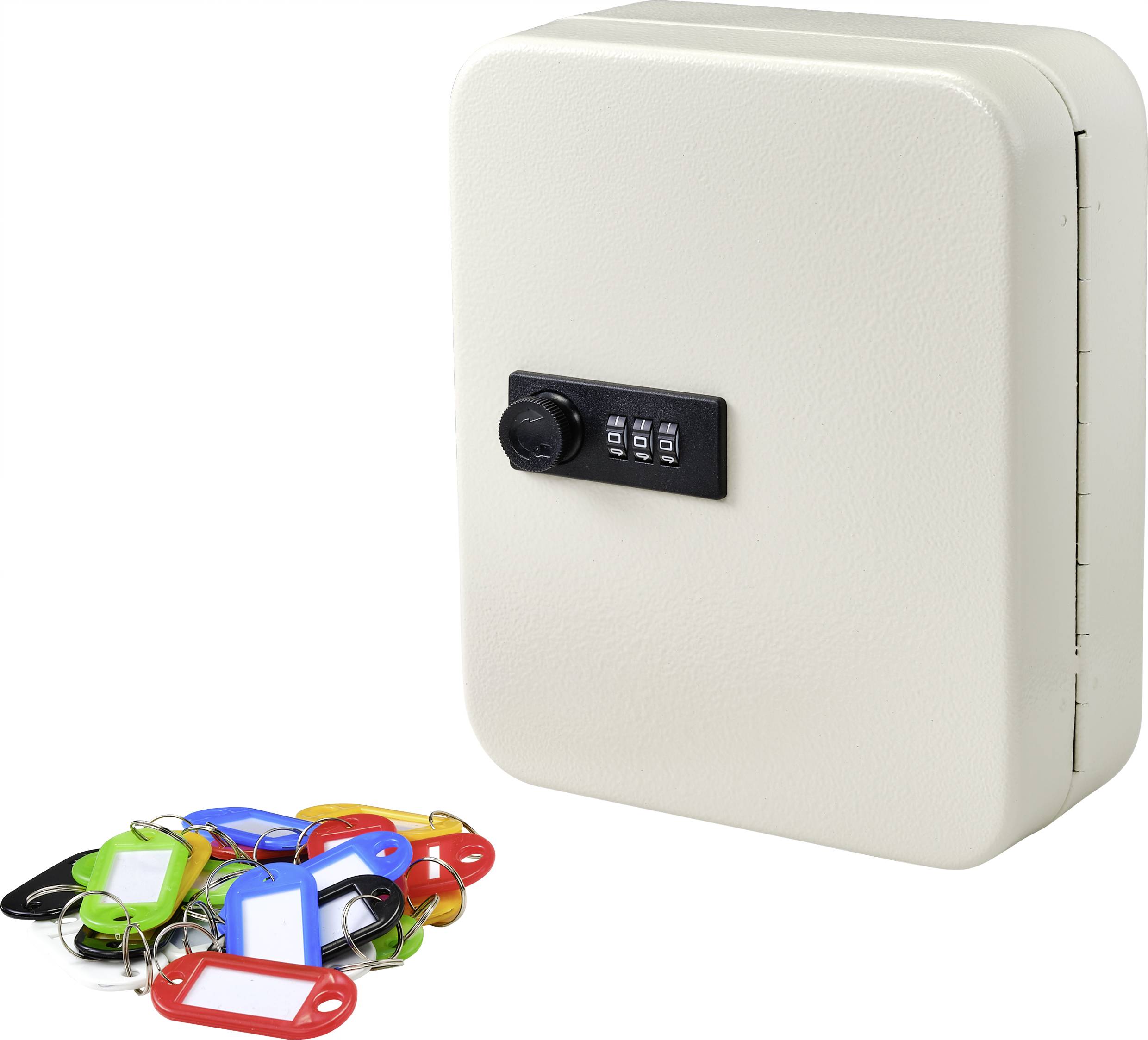 Metallnyckelskåp med kombinationslås och flera färgglada nyckelringar framför.
