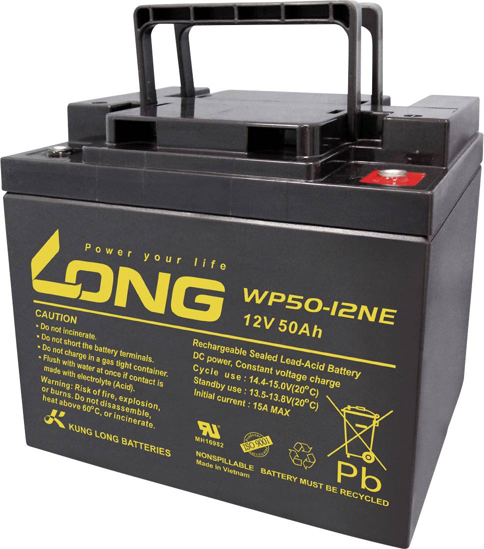 En uppladdningsbar blybatteri från märket Long, modell WP50-12NE, 12V, 50Ah, med varningsmeddelanden och symboler på framsidan.