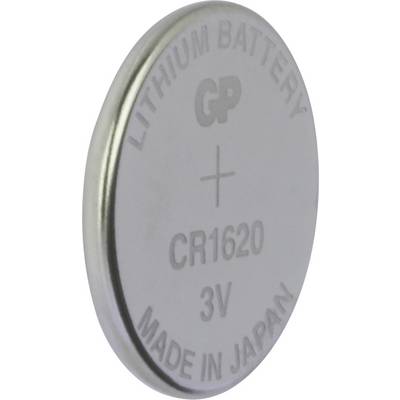 Rund CR1620-litiumknappcell med märkning '3V, Tillverkad i Japan'.