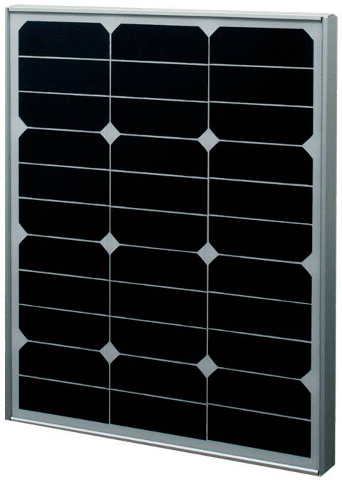 En rektangulär solpanel med mörka fotovoltaiska celler jämnt fördelade i ett rutnätsmönster.