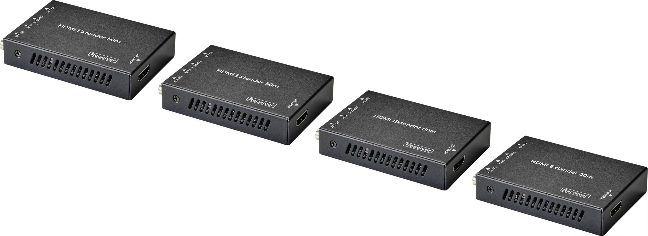 Fyra svarta, rektangulära enheter bredvid varandra; märkta med '4K HDMI Extender 100m', avsedda för överföring av HDMI-signaler.