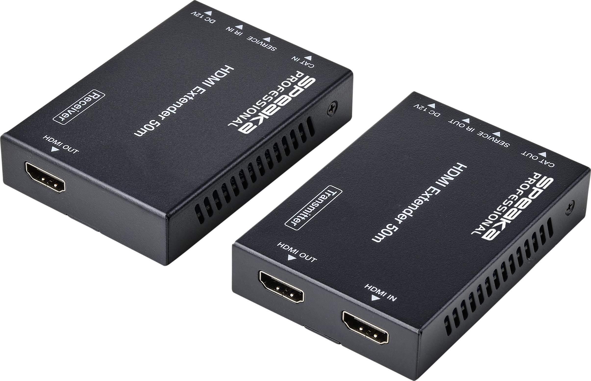 Två svarta HDMI-extenderenheter från märket SpeaKa Professional, var och en med anslutningar för HDMI-ingång och -utgång.