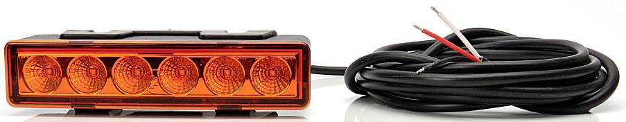 Orange LED-lampa med sex lampor, ansluten med en lång svart kabel. Perfekt för fordonbelysning eller signalering.