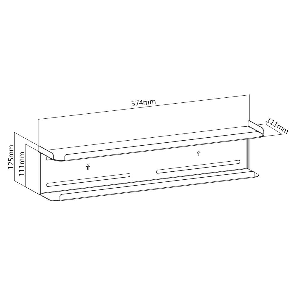 Teknisk ritning av en hylla med dimensioner: Längd 574 mm, djup 111 mm, höjd 111 mm. Pilar pekar på fästpunkter.