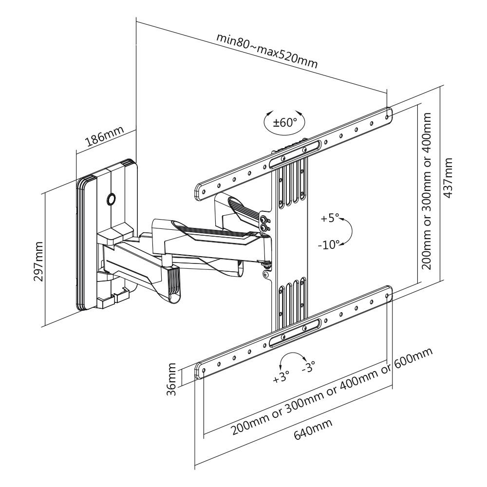 Diagram över en justerbar väggfäste för platta TV-skärmar. Visar dimensioner och lutningsvinkel på ±5° samt rotation på ±60°.