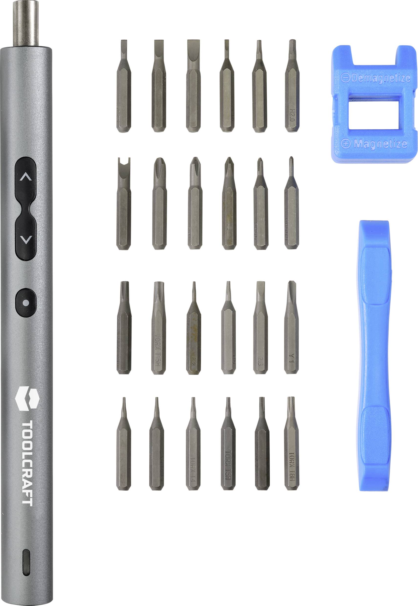Elektrisk skruvmejsel med 20 utbytbara bits, avmagnetiserare, magnetiserare och plastspakverktyg.