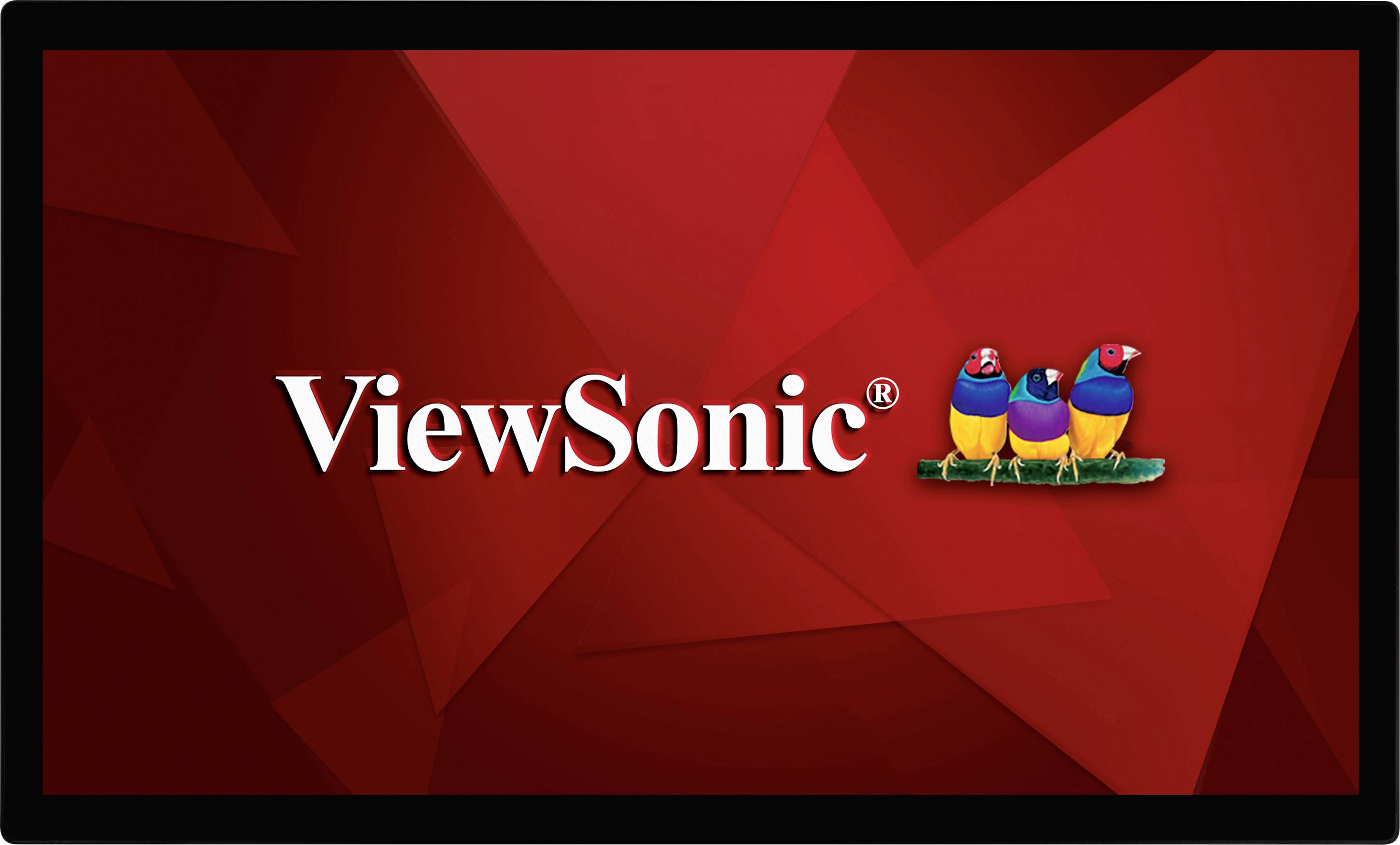 Rött logotyp med texten 'ViewSonic' och tre färgglada fåglar bredvid varandra.