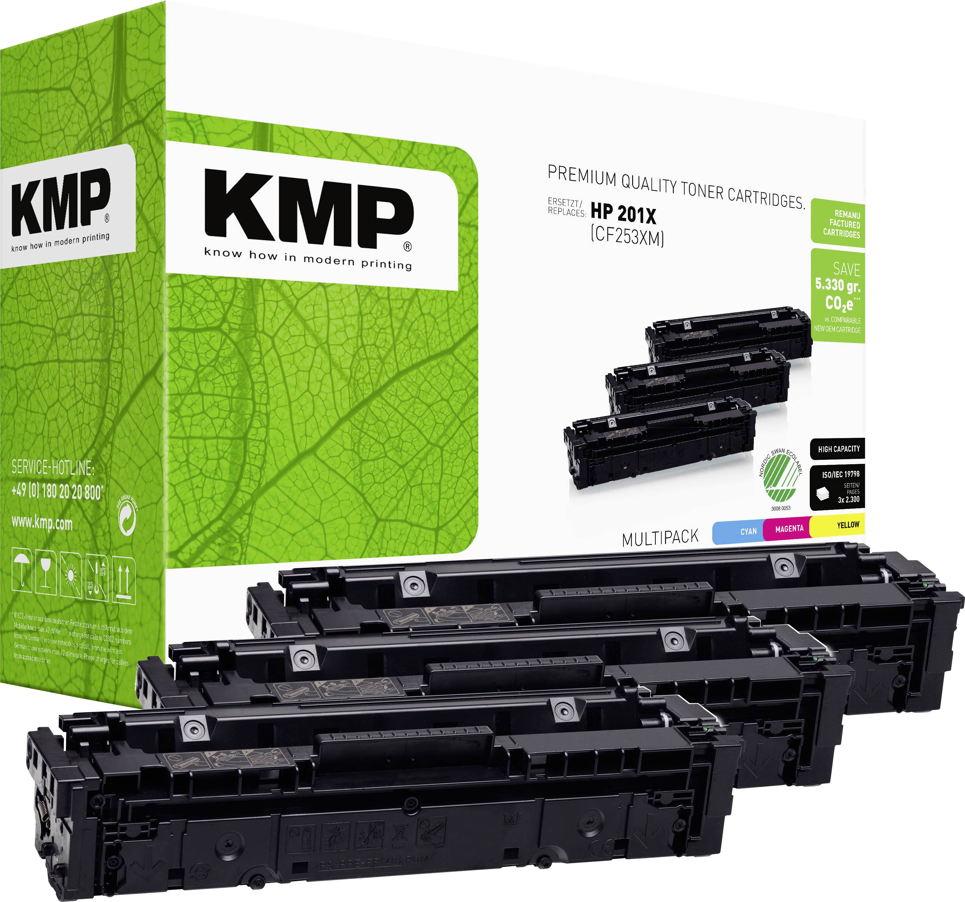 KMP flerpaknings premiumkvalitets tonerkassetter för HP 201X (CF253XM), visade med fyra svarta tonerkassetter och grön förpackning.
