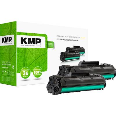 Två svarta tonerkassetter framför en förpackning med KMP-logotyp. Text på förpackningen: 'Premium Quality Toner Cartridges'.