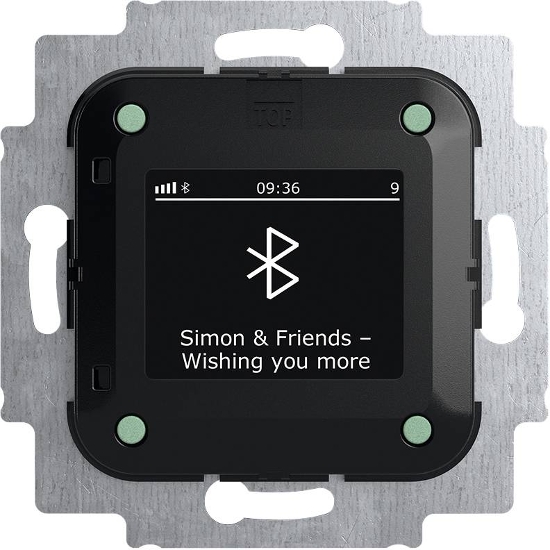 Svart omkopplare med Bluetooth-symbol visar musik från 'Simon & Friends - Wishing you more' kl. 09:36.