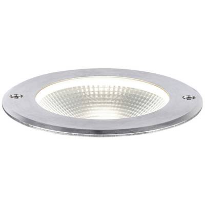 Runde, platt LED-marklampa i metall med synliga skruvar, lämplig för utomhusbruk, i rostfritt stål-finish. Perfekt för gångvägar.