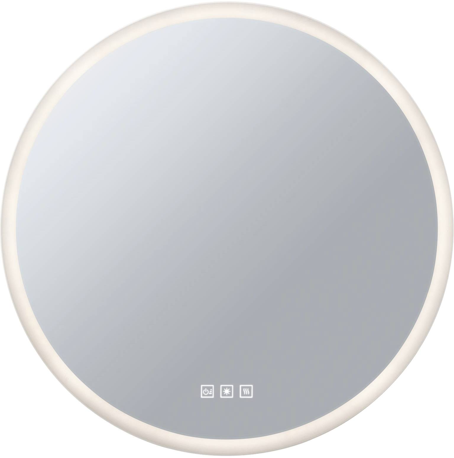 Rundad spegel med belyst ram och små symboler nedtill; lämplig för moderna badrum.