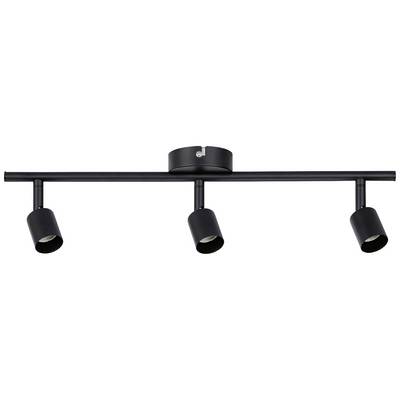 Svart taklampa med tre justerbara strålkastare på en horisontell skena, lämplig för flexibel rumsbelysning.