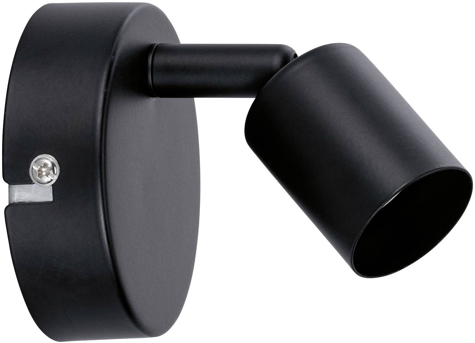 Svart, cylindrisk vägglampa med justerbar spot. Lämplig för inomhusbelysning, modernt design, enkel montering.