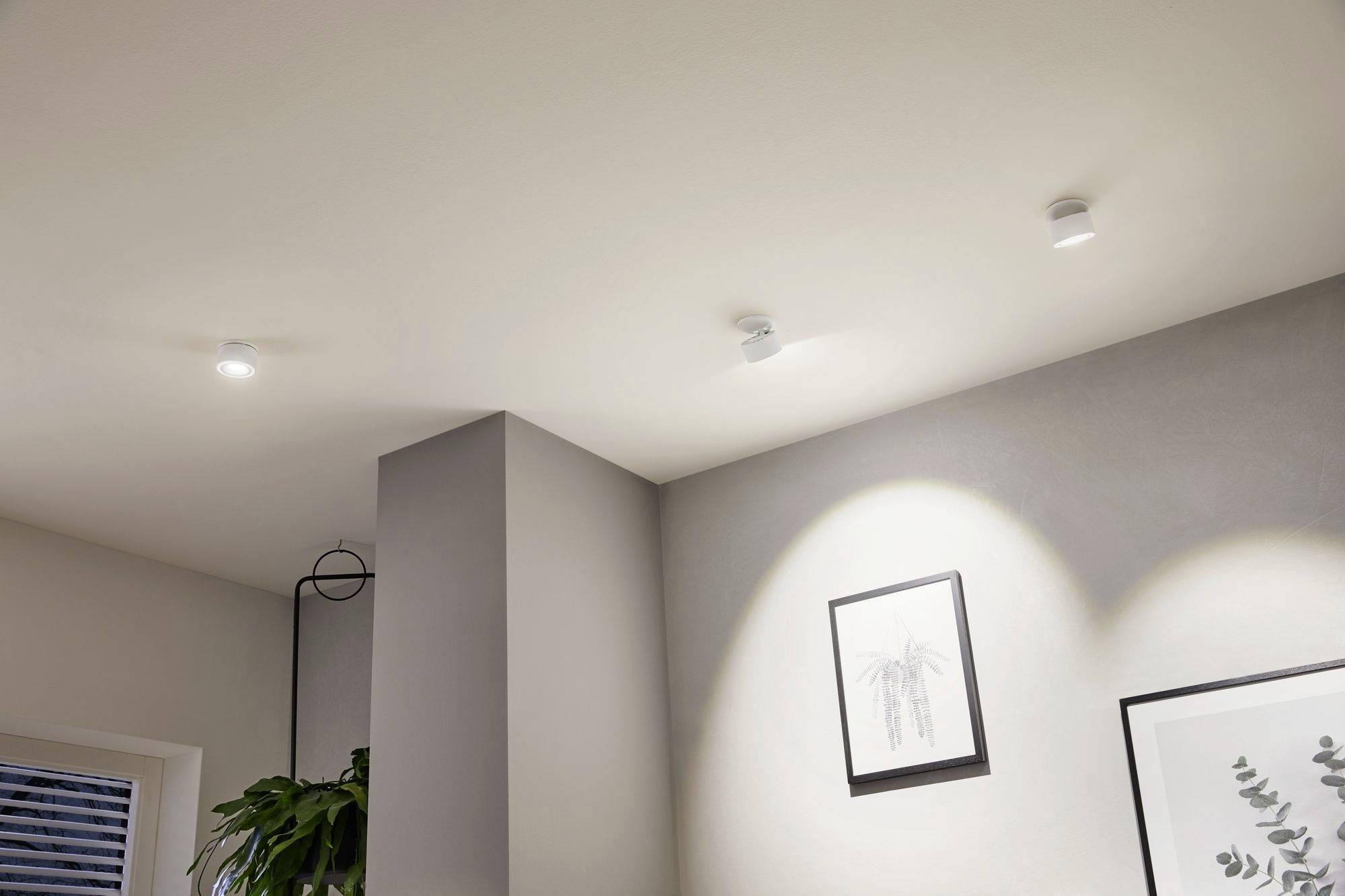 Ett tak med tre moderna, runda takarmaturer. På väggen hänger två inramade tavlor. I rummet står en krukväxt.