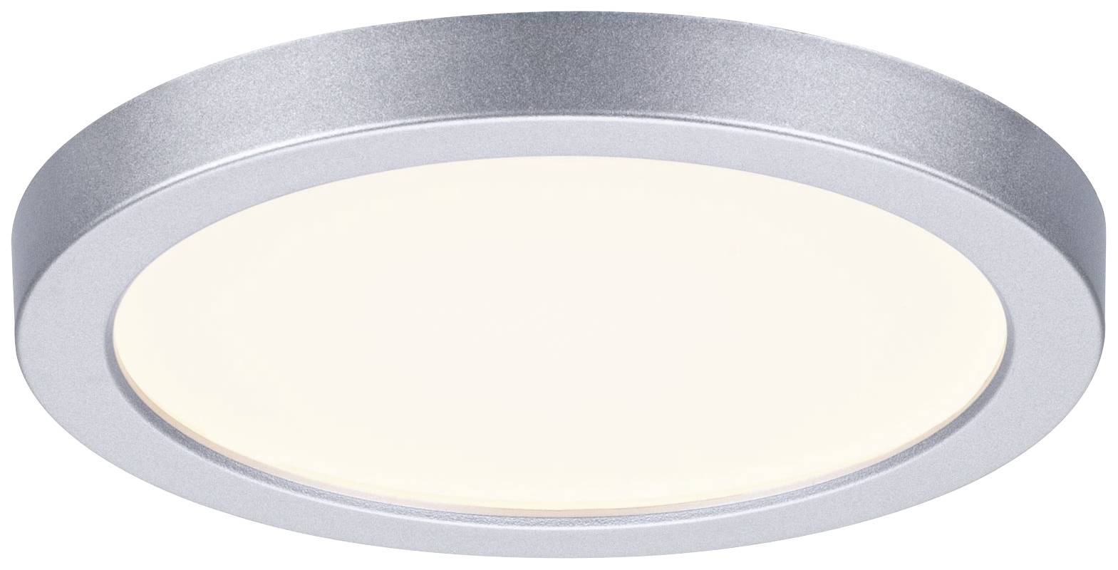 En rund, silverfärgad LED-taklampa med en vit, lysande yta i mitten.