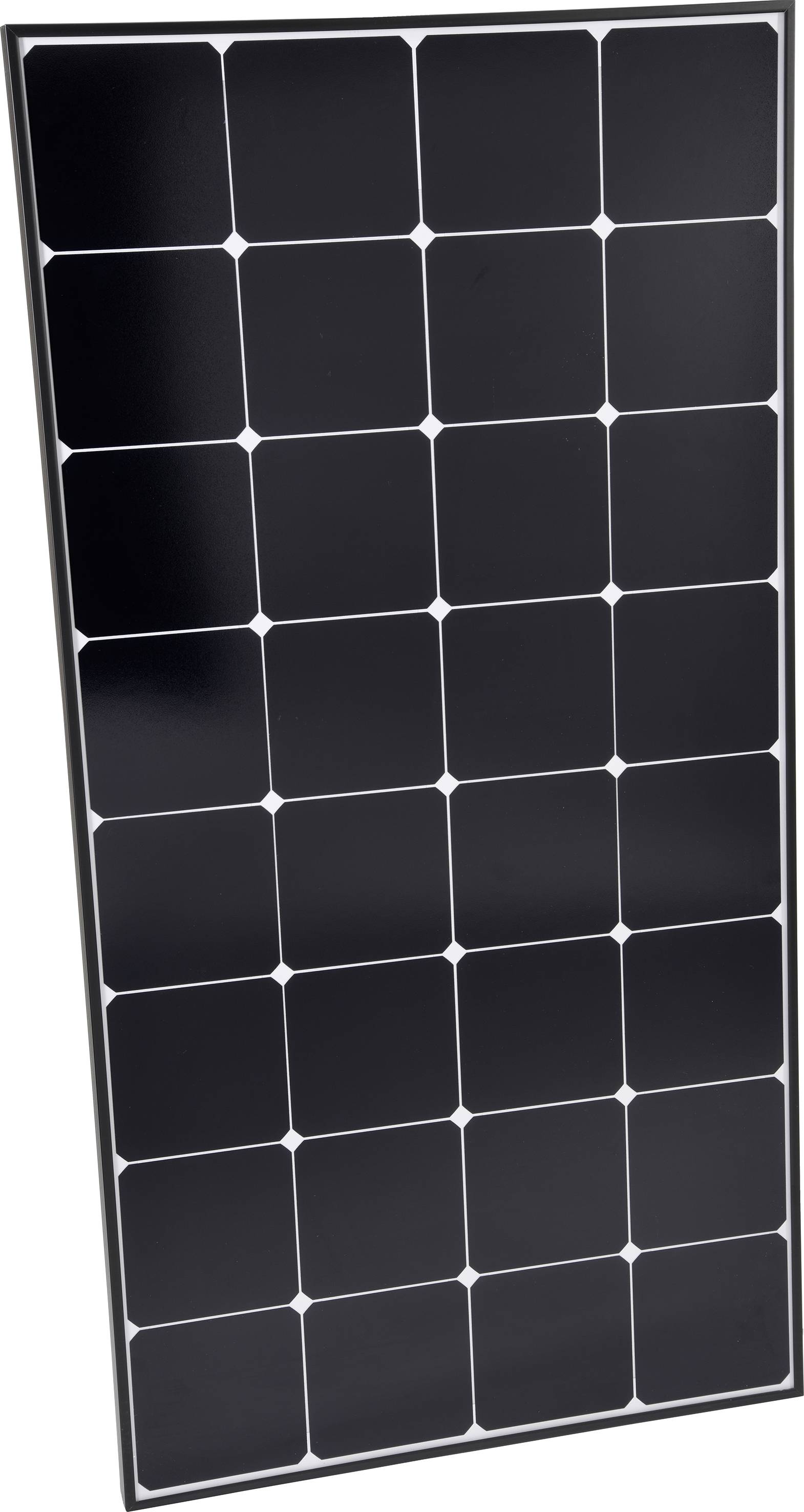 Svart solpanel med rektangulära solceller, strukturerade i ett rutnätsmönster, för att utvinna solenergi.