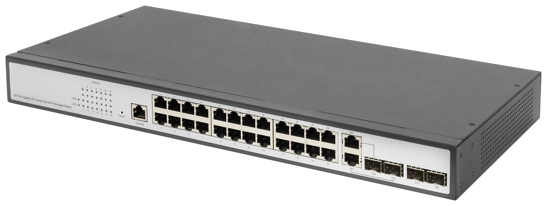 En nätverksswitch med flera Ethernet-portar för dataöverföring i ett datornätverk, avbildad i svart och silver.